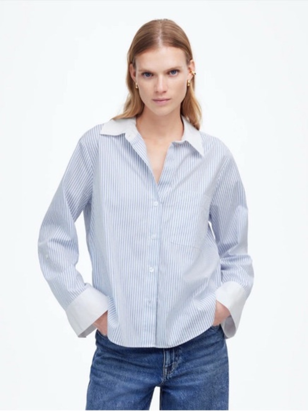 Madewell Easy V-neck White and Blue Striped Button-Up Blouse with wide cuffs